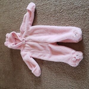 Carter's 9M pink fleece snowsuit bunting  pram hooded bear feet ears footed